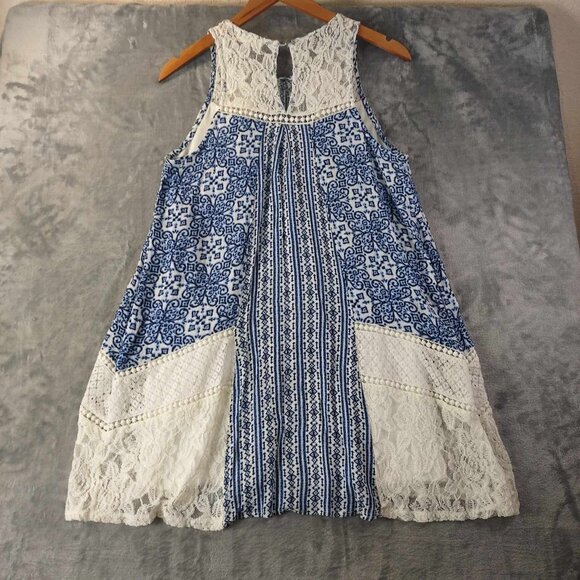 Altar'd State Women's M Blue & White Boho Patchwork Lace Plaid Cottagecore Dress - Picture 3 of 8